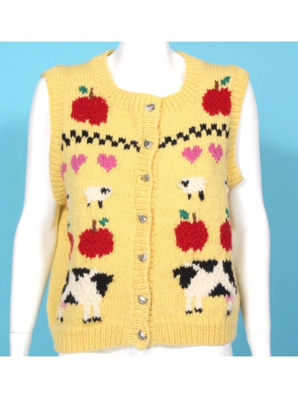 Vintage Homespun Lambs Cows Apples Silver Cat Buttons Sweater Vest size L /693